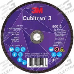 3M CUBITRON 3 Cut-Off and Grinding Wheel: Type 27, 4" x 5/32" x 3/8", Ceramic, 36 Grit (MPN 90012). Key specifications — Brand: 3M CUBITRON 3.