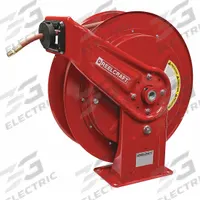 Spring Return Hose Reel: 50 ft (3/8 in I.D.), 1/4 in MNPT, 300 psi Max Op Pressure, Red (MPN HD76050 OLP). Key specifications — Reel Color: Red; Hose Capacity: 50 ft (3/8 in I.D.); Overall Dimensions: 19-3/4 in L x 8-1/4 in W x 20-1/4 in H; Swivel Material: Nickel Plated Steel; Hose End Configuration: 1/4 in MNPT; Brand: REELCRAFT.