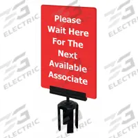 TENSABARRIER Acrylic Sign: Red, Please Wait Here For The Next Available Associate Message (MPN S15-P-21-7X11-V-HDSB-1701-33). Key specifications — Brand: TENSABARRIER; Color: Red; Includes: Mounting Adapter; Message: Please Wait Here For The Next Available Associate; For Use With: Tensabarrier Posts; Material: Acrylic.