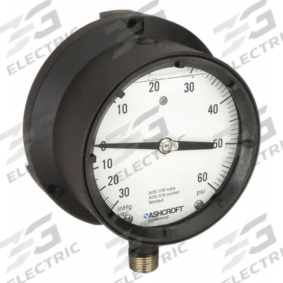ASHCROFT Process Compound Gauge: 0 psi to 60 psi, White, 4 1/2 in Dial, 1/2 in NPT Male - Vibration-Resistant All-Stainless Steel Wetted Parts & Casing