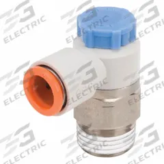 SMC Speed Control Valve: Elbow Fitting, Screw, 3/8 in Valve Body Size, 5/16 in Tube, Meter In (MPN AS3211F-N02-09S). Key specifications — attr947203: Brass/PBT; attr947205: SMC.