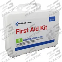 FIRST AID ONLY First Aid Kit: 221 Components, ANSI/ISEA Z308.1-2021, Type III, Class B (MPN 91550). Key specifications — ANSI Standard Met: ANSI/ISEA Z308.1-2021; Adhesive Bandages Included: (64) 1 in x 3 in Adhesive Plastic Bandages; Oral and Inhalant Medicinals Included: No Oral/Inhalant Medicinals; Topical Medicinals Included: (25) Burn Cream; Wound Dressings Included: (4) 5 in x 9 in Trauma Pads.