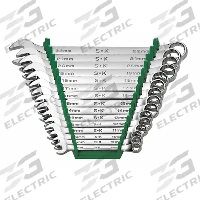 SK PROFESSIONAL TOOLS Combination Wrench Set: Alloy Steel, Chrome, 15 Tools - Metric 12-Point Combination Wrench Sets