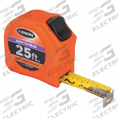 KESON Tape Measure: Nonmagnetic Single Hook Tip, 25 ft, Plastic - Decimal & Fractional-Read Tape Measures