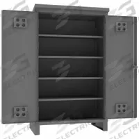 DURHAM MFG Storage Cabinet: 48 1/2 in x 24 in x 78 in, Swing Handle & Padlock Hasp, Legs, Shelves (MPN HDCO244878-4S95). Key specifications — Cabinet Color: Gray; Method of Construction: Welded; Base Type: Legs; Assembled: Assembled; Mobility: Stationary; Adjustable Shelves: Adjustable; Cabinet Finish: Powder Coated; Cabinet Material: Steel.