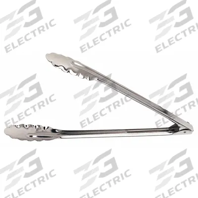 CRESTWARE Uncoated Scalloped Tongs: Stainless Steel Blade, 9 1/2 in Overall Lg, 1 mm Gauge