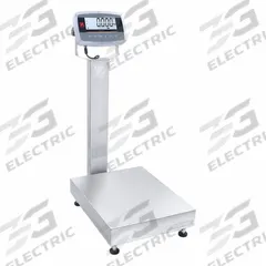 OHAUS Industrial Bench Scale: 15 3/4 in x 19 3/4 in, IP68/IP69K, Column-Mounted, Stainless Steel (MPN D61PW50K1L7). Key specifications — Connection Ports: Infrared Communication Kit; Readability: 0.01 lb/5 g; Brand: OHAUS; Weighing Surface Material: Stainless Steel.