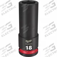 MILWAUKEE Deep Impact Socket: 1/2 in Drive Size, Metric, 18 mm Socket Size, 6-Point, Deep, Friction (MPN 49-66-6279). Key specifications — attr1215501: MILWAUKEE; attr1215515: Black Phosphate; attr1215518: 18 mm.