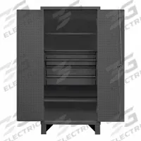 DURHAM MFG Pegboard Cabinet: 36 in x 24 in x 78 in, Swing Handle & Padlock Hasp, 12 ga Panel Thick (MPN HDCDB243678-4M95). Key specifications — attr62698: Gray; attr62736: Welded; attr87895: Legs; attr62693: Assembled; attr62737: Stationary; attr62694: Adjustable; attr62695: Powder Coated; attr62696: Steel.