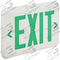 Exit Sign: Emergency Battery Backup, LED, White, Green, 1 or 2 Faces, Ceiling/End/Wall, 120/277 V AC (MPN EVEUGWEI). Key specifications — Voltage: 120/277 V AC; Directional Indicators: Universal Field Selectable Chevrons; Text Color: Green; Brand: DUAL-LITE; Emergency Battery Backup: Yes; Housing Color: White; Lighting Technology: LED; Remote Capable: No.