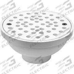 OATEY Floor Drain: 6 5/8 in Overall Dia, 6 3/4 in Grate Size, 2 in Nominal Pipe Size, Solvent Weld (MPN 43596). Key specifications — Color: White; Connection Type: Solvent Weld; Brand: OATEY; Includes: Screw-In Strainer.