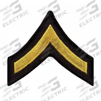 HEROS PRIDE Embroidered Patch: PFC, 3 in, Black/Gold, Plastic, Rank Insignia, 1 PR (MPN 15404P). Key specifications — attr188498: 3 in; attr188499: Gold; attr188500: Plastic; attr188503: PFC; attr193746: HEROS PRIDE.