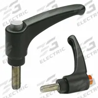 ELESA Adjustable Handles: Red Cap, Plastic w/ SS Thread, 3/8"-16 Thread, 1.25 in Thread Lg, Plastic (MPN 90235476-C6). Key specifications — Push Button Color: Red; Brand: ELESA.