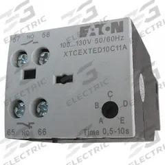 EATON IEC Timer Module: Off Delay, 5 sec – 100 sec, 1NO/1NC, 200-240V AC Coil (MPN XTCEXTED100C11B). Key specifications — Maximum Voltage Rating: 240V AC; Mounting: Front; Brand: EATON; Compatible with Series: XTRE.