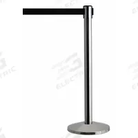 QUEUEWAY Barrier Post with Belt: Black, No Pattern, No Legend, 7 1/2 ft Belt Lg, Silver (MPN QWAYPOST-3S-B9). Key specifications — Base Material: Stainless Steel; Belt Color: Black; Brand: QUEUEWAY; Post Material: Stainless Steel; Post Color: Silver; Message: No Legend.