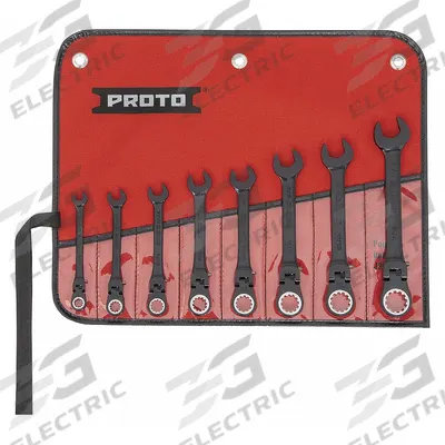 PROTO Combination Wrench Set: Alloy Steel, Black Chrome, 8 Tools, Flex, Reversing - SAE 12-Point Ratcheting Combination Wrench Sets