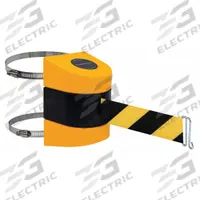TENSABARRIER Retractable Belt Barrier: Hose Clamp Mounting Plate, 15 ft Belt Lg, Pattern, No Legend (MPN 897-15-C-35-NO-D4X-A). Key specifications — Frame Color: Black/Yellow; Brand: TENSABARRIER; Belt Color: Black/Yellow.