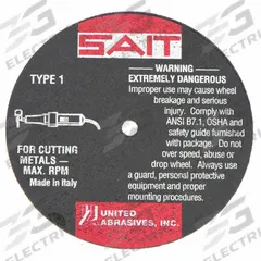SAIT Abrasive Cut-Off Wheel: Type 1, 4" x 0.035" x 3/8", Aluminum Oxide, 36 Grit, A36T (MPN 23069). Key specifications — Series: A36T; Brand: UNITED ABRASIVES-SAIT.