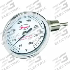DWYER Dial Thermometer: 50°F to 400°F, ±2%Full Scale Accuracy, 6 in Stem Lg, 3 in Dial Dia (MPN BTLR360121). Key specifications — Accuracy: ±2 % Full Scale; Brand: DWYER.