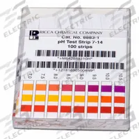 RICCA CHEMICAL pH Test Strips: 7 pH to 14 pH, 0.5 pH Resolution, 4 in Overall Lg, 3 in Overall Wd (MPN R8883000-Each). Key specifications — pH Resolution: 0.5 pH; Brand: RICCA CHEMICAL.