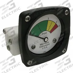 MIDWEST INSTRUMENT 3-Color Differential Pressure Indicator: 1,000 psig Max. Static Pressure, 522 (MPN 522P-005V). Key specifications — Brand: MIDWEST INSTRUMENT; Accuracy: ±5% of Full Scale; Sensor Material: Viton; Housing Material: Acetal Plastic; Transition Points: 0 psid to 3 psid (Green) / 3 psid to 4 psid (Yellow) / 4 psid to 5 psid (Red).