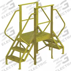 TRI-ARC Crossover Bridge: 2.5 ft Platform Ht, Steel, 1,000 lb Load Capacity, Serrated, 3 Steps (MPN 7CY74). Key specifications — Brand: TRI-ARC; Color: Yellow; Tread Type: Serrated.