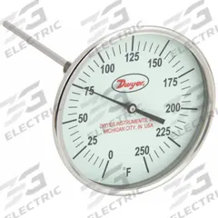 DWYER Glow-in-the-Dark Dial Thermometer: 0°F to 250°F, +/- 1% Accuracy, 5 in Dial Dia, Male (MPN GBTA52551). Key specifications — attr1275048: +/- 1%; attr1275052: DWYER.