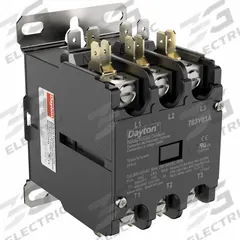 DAYTON Definite Purpose Magnetic Contactor: 3 Poles, 208-240V AC, 25 A, Non-Reversing (MPN 783Y03). Key specifications — Brand: DAYTON; Coil Voltage: 208/240V AC; Contactor Style: HVACR Definite Purpose Contactor; Mounting Style: Through Panel; Terminal Connection Type: Box Lugs; Maximum Voltage Rating: 600V AC; Phase: Three; Main Pole Contact Form: 3NO.