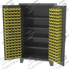 GREENE MANUFACTURING, INC. Bin Cabinet: 36 in x 24 in 84 in, 4 Shelves, 94 Bins, Yellow, Flush, Gray (MPN EX-723-1BS3). Key specifications — Bin Color: Yellow; Bin HxWxD: (94) 3 in x 4-1/8 in x 7-3/8 in; Assembled: Assembled; Cabinet Style: Shelf and Bin; Brand: GREENE MANUFACTURING, INC.; Cabinet Color: Gray; Cabinet Finish: Baked Enamel; Cabinet Material: Steel.