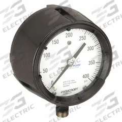 ASHCROFT Process Pressure Gauge: 0 psi to 400 psi, White, 4 1/2 in Dial, 1/2 in NPT Male, Bottom (MPN 451279SS04LXLL400). Key specifications — Brand: ASHCROFT; Pointer Color: Black; Accuracy: ±0.5%; Dial Color: White; Gauge Wetted Parts: Stainless Steel; Case Material: Phenolic; Vibration Resistance Properties: Dry Case Vibration-Dampened; Pressure Range: 0 psi to 400 psi.