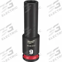 MILWAUKEE Deep Impact Socket: 3/8 in Drive Size, Metric, 9 mm Socket Size, 6-Point, Deep, Friction (MPN 49-66-6151). Key specifications — attr1215501: MILWAUKEE; attr1215515: Black Phosphate; attr1215518: 9 mm.