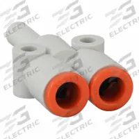 SMC Push-Fit Wye Fitting: 1/4 in OD x 1/4 in OD x 1/4 in OD Size, Polybutylene Terephthalate, White (MPN KQ2U07-99A). Key specifications — Brand: SMC.