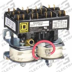 SQUARE D Hoist Contactor: 3 Poles, 24V AC, Reversing, Std Contactor Frame Size (MPN 8965RO10V01). Key specifications — Brand: SQUARE D; Coil Voltage: 24V AC; Contactor Style: Hoist Definite Purpose Contactor; Terminal Connection Type: Quick-Disconnect Terminals; Maximum Voltage Rating: 600V AC; Series: 8965 Series Type R; Phase: Three; Main Pole Contact Form: 3NO.