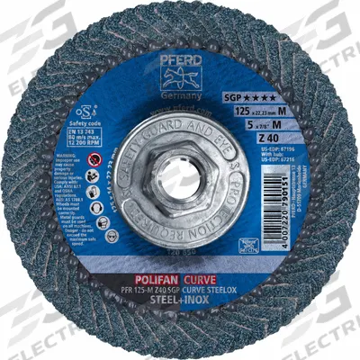 PFERD Flap Disc: Radial, 5" x 5/8"-11, Zirconia Alumina, 40 Grit, Fiberglass Bk - High-Performance Flap Discs for Carbon & Stainless Steel