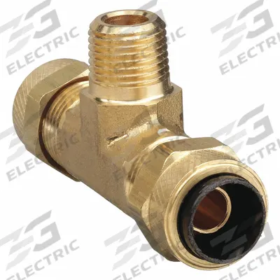 PARKER Compression Tee Fitting: 1/4 in OD x 1/4 in OD x 1/8 in Pipe Fitting Size, Brass - Creep-Resistant Self-Aligning Brass Compression Fittings