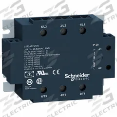 SCHNEIDER Solid State Relay: Surface Mounted, 25 A Max Output Current, SCR, AC Output (MPN SSP3A225BDT). Key specifications — Brand: SCHNEIDER; Current Type: DC; Electrical Connection: Screw Clamp; Finger Safe: Yes; Input Current: 24 to 35 mA; Maximum Output Current without Heat Sink: Not Recommended; Mounting Style: Panel; Output Voltage: 48 to 530V AC.