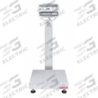 OHAUS Industrial Bench Scale: 18 in x 18 in, IP67, Column-Mounted, Defender 5000, Stainless Steel (MPN 30461680). Key specifications — Connection Ports: 2 In/4 Out Discrete I/O; Readability: 0.005 lb/2 g; Brand: OHAUS; Weighing Surface Material: Stainless Steel.