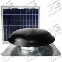 Attic Exhaust Fan: Roof Mount, Solar, Max. 1,600 sq ft Attic, 1,000 cfm Max., Manual, Black Steel (MPN CXSOLRFBLKUPS). Key specifications — Includes: Solar Panel; Includes Humidistat: No; Includes Shutter: No; Includes Thermostat: No; Mounting Location: Roof; Nameplate Voltage: 18V DC; Housing Color: Black; High-Efficiency Motor: Yes.