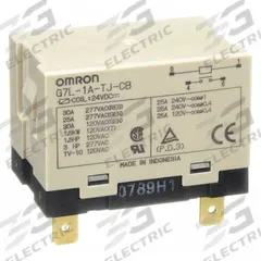 OMRON Enclosed Power Relay: Bracket Mounted, 30 A Current Rating, 24V DC, SPST-NO, 4 Pins/Terminals (MPN G7L-1A-TJ-CB-DC24). Key specifications — Brand: OMRON; Base Type: Square; Mounting Style: E-Bracket; Electrical Connection: Quick-Connect; Manufacturer Part Number: G7L-1A-TJ-CB-DC24; Operating Current: 30 A; Series: G7L Series; Relay Bracket Type: E-Bracket (Sold Separately).
