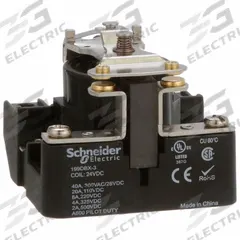 SCHNEIDER Open Power Relay: Surface Mounted, 40 A Current Rating, 24V DC, SPST-NO, 4 Pins/Terminals (MPN 199DBX-3). Key specifications — Brand: SCHNEIDER; Mounting Style: Surface; Electrical Connection: Screw Terminal; Manufacturer Part Number: 199DBX-3; Operating Current: 40 A at 28V DC (Resistive Load); Series: 199 Power Series.