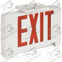 Exit Sign with Emergency Lights: White, 1 or 2 Faces, Red, LED, Ceiling/Wall, Nickel Cadmium (MPN ECBR LED M6). Key specifications — Voltage: 120/277V AC; Self Diagnostics: No; Housing Color: White; Brand: LITHONIA LIGHTING; Directional Indicators: Universal Field Selectable Chevrons; Lighting Technology: LED; Remote Capable: Yes; Text Color: Red.