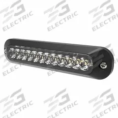 ECCO Directional Lamp: Perimeter Flashing Warning Light, Amber/White, 5/8 in Overall Wd, LED (MPN ED3755AC). Key specifications — Operating Voltage: 12-24V DC; Number of Flash Patterns: 70; Includes: Black Bezel; Electrical Connection: Blunt Cut Wires; Mount Type: Bolt; Brand: ECCO; Shape: Rectangular.