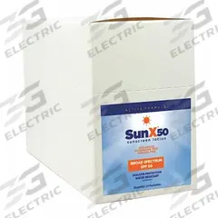 SUNX Sunscreen: 50 SPF, Lotion, 0.25 oz, 25 PK (MPN 18-915G). Key specifications — Unitized: Unitized; Manufacturer Part Number: 18-915G; Format: Lotion; Purpose: Sunscreen; Brand: SUNX; Formula Features: Paraben Free; Unit Package Type: Packet; Active Ingredient: Vitamin E.