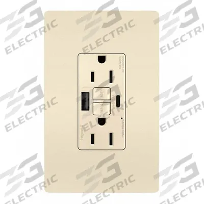 LEGRAND Receptacle: 5-15R, Light Almond, 125V AC, 15 A - Weather-Resistant Receptacles with USB Chargers