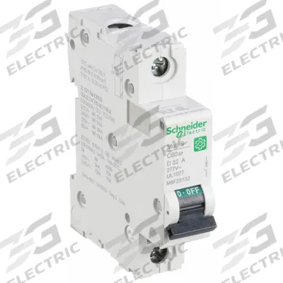 SCHNEIDER Supplementary Protector: 32 A Amps, 60V DC, 14kA at 120/240V AC, Screw Clamp - D-Curve, 1-Pole UL1077 DIN Rail-Mount Supplementary Protectors