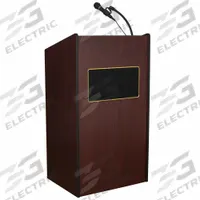 OKLAHOMA SOUND Sound Lectern: Mahogany, Clip-On/Handheld, Laminate, 46 in Overall Ht, 18 in Shelf Dp (MPN 6010-MY/LWM-5). Key specifications — Color: Mahogany; Brand: OKLAHOMA SOUND; Includes Battery: No; Material: Laminate; Sound System Included: Input/Output Lines; Includes Document Rail: Yes.
