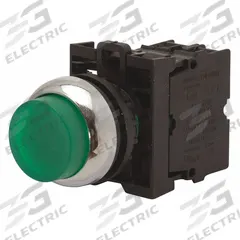 EATON Illuminated Push Button: Illuminated, Extended Profile, Non-Metallic, 22 mm, 2NO (MPN M22-DLH-G-K20-G). Key specifications — Brand: EATON; Action: Momentary; Series: M22; Push Button Material Type: Non-Metallic.