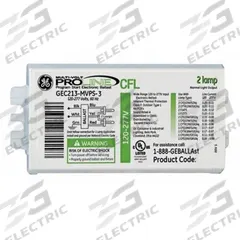 GE LAMPS CFL Ballast: 120 to 277V AC, 1/2 Lamps Supported, 13 W_16 W_18 W Bulb Watt, 5 in Overall Lg (MPN GEC213-MVPS-3W). Key specifications — Lamp Types Supported: (1) F18DBX; Brand: GE LAMPS; Number of Lamps Supported: 2.