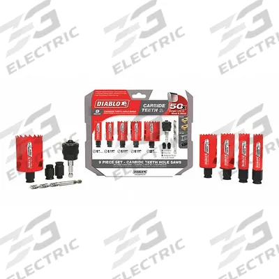 DIABLO Hole Saw Set: 9 Pieces, 2 3/8 in Max. Cutting Dp, Carbide Tipped - Multi-Material-Cutting Hole Saw Kits