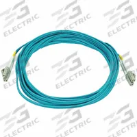 MONOPRICE Fiber Optic Patch Cord: Multi-Mode, 5 m Lg, LC End 1, LC End 2, Aqua, PVC, 2 Fiber Count (MPN 6388). Key specifications — Fire Rating: Riser; Jacket Material: PVC; Number of Fibers: Duplex; Brand: MONOPRICE; _Fiber Optic Cable Style: 50/125µ OM4.